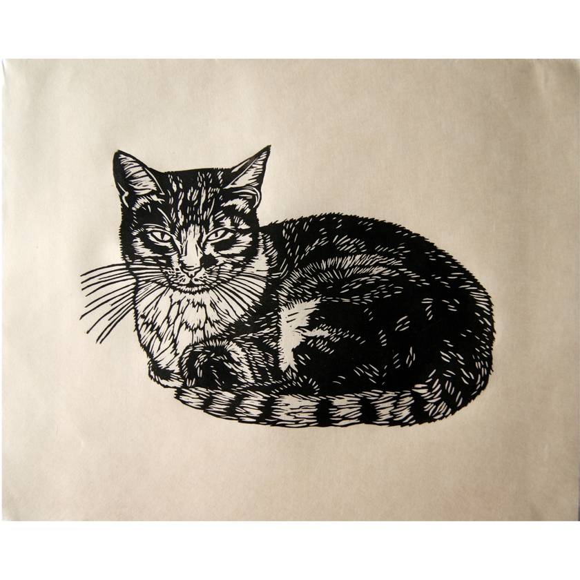 Cat. Linocut Print on Kitakata.