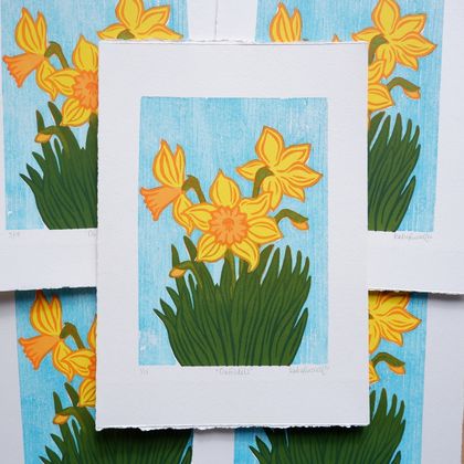 Daffodils. Linocut Print.