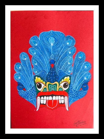 Ceylon Traditional "Mayura Raksha" (Peacock Devil) Mask Original A4 Framed