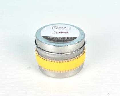 Recycled frangipani scented soy tin candle – small